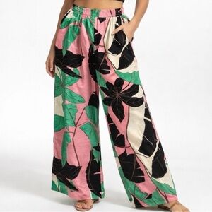 Wide Leg Pants Pink Tropical Flowy Travel Colorful Sofia Vergara Women XS Drape